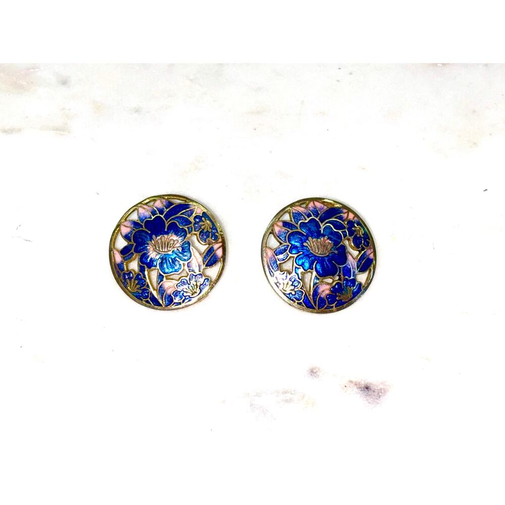 Gold Tone Blue Floral Enamel Cloisonné Post Earrings - Picture 7 of 7
